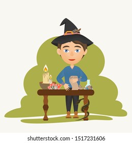 Witch boy in black hat stands near the table with magic potion ingredients and reads the magic writing on ancient scroll. A snake wraps around the table leg. Children make magic. Vector illustration