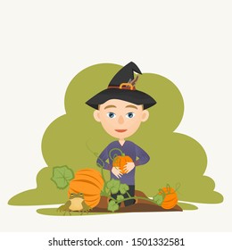 The witch boy in a black hat and sweater harvests an autumn crop of large ripe orange pumpkins. Big green toad familiar near the wizard. Children make magic. Vector illustration