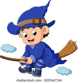 The witch boy is sitting on the magic broom of illustration