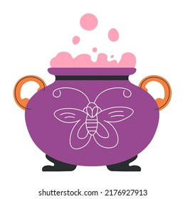 Witch brew, cauldron with magic potion boiling. Isolated pot with butterfly drawn symbol, soup or mysterious liquid used for spell. Witchcraft and mystery, secrecy and wicked. Vector in flat style