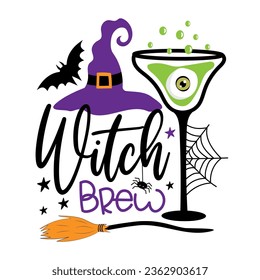 Witch brew - funny graphic design for halloween. Witch hat , bat. spider and potion with eye ball.