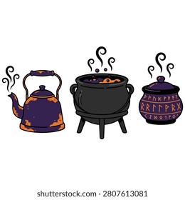 Witch brewing kit with magic rune kettle boiling cauldron and steaming potion pot vector stickers
