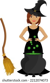 The witch is brewing a potion in a cauldron. Vector illustration on the theme of Halloween.