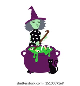 Witch brewing potion. Flat cartoon vector illustration isolated white background.