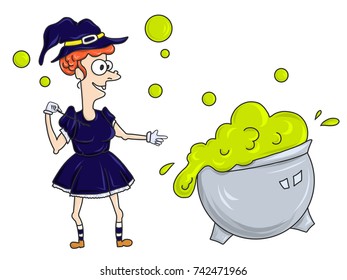 The witch is brewing a potion. Halloween Cartoon Vector Illustration.