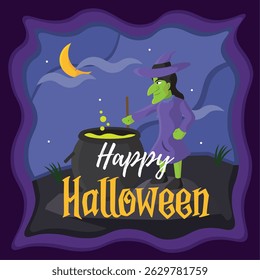 Witch brewing potion night. Vector illustration