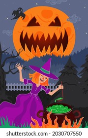 Witch brews magic poisonous in cauldron in night forest. Happy Halloween holiday greeting card. Monster jack scary spooky pumpkin face on moon. All Saints Day celebration eve poster. Evil fairy vector