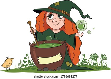 the witch brews a potion from apples