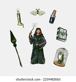 Witch brews a potion in a cauldron. Magic ball, book of spells, black cat, beldam and sorcery, Halloween elements. Hand drawn engraved vintage sketch