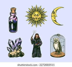 Hexe braut einen Tränk in einem Kessel. Zauberkugel, Zauberbuch, schwarze Katze, Beldam und Zauberei, Schädelkruste. Sonne und Crescent Mond mit Gesicht. handgezeichnete Vintage-Skizze