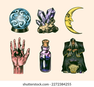 Witch brews a potion in a cauldron. Magic ball, book of spells, black cat, beldam and sorcery, Crow on skull. Sun and a Crescent moon with face. Hand drawn engraved vintage sketch