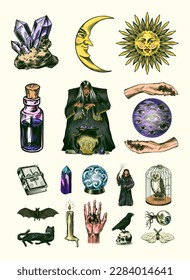 Witch brews a potion in a cauldron. Magic ball, book of spells, black cat, beldam and sorcery, Crow on skull. Sun and a Crescent moon with face. Hand drawn engraved vintage sketch