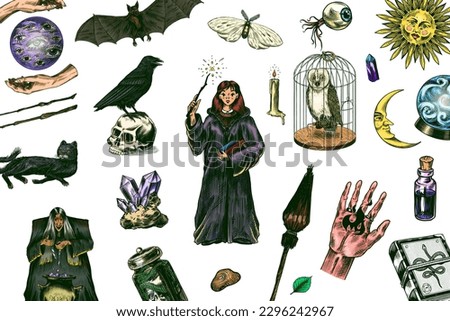 Witch brews a potion in a cauldron. Magic ball, book of spells, black cat, beldam and sorcery, Crow on skull. Sun and a Crescent moon with face. Halloween elements. Hand drawn engraved vintage sketch