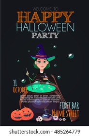 Witch brews a potion in a cauldron on Halloween. The invitation to the feast. Vector illustration