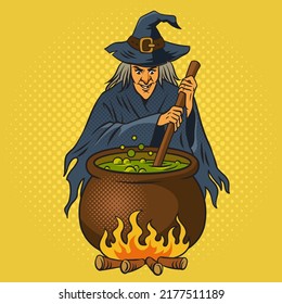 witch brews a potion in a cauldron pop art retro vector illustration. Comic book style imitation.