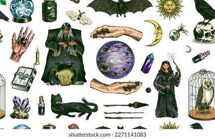 Witch brews a potion in a cauldron seamless pattern. Magic ball, book of spells, black cat, beldam and sorcery, Crow on skull. Sun and a Crescent moon with face. Hand drawn engraved vintage sketch