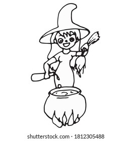 Witch brews potion in cauldron. silhouette of the old scary witch with magic cauldron