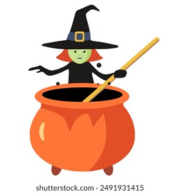 Witch brews a potion. Character for halloween in cartoon style. 