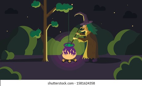 a witch brews a potion in a dark forest