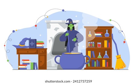 Witch brews potion. Green woman in witchhat with broom near cauldron. Magic and sorcery, alchemy. Young girl near poison. Flasks with ingredients in closet. Cartoon flat vector illustration
