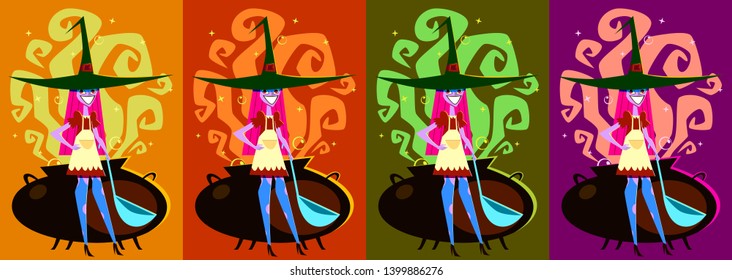 Witch brews a potion. Halloween poster. Cartoon style illustration.