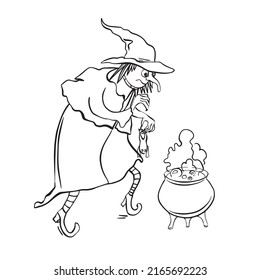 Witch brews a potion. Hand drawn sketch isolated on white background.
