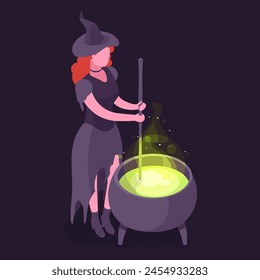 Witch brews potion. Isometric witchcraft magician character, redhead witch brews potion in cauldron 3d vector illustration