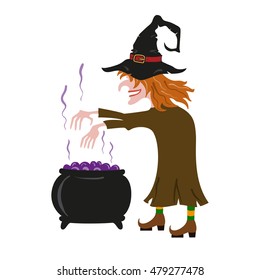 
Witch brews a potion in pot isolated on white background. Vector illustrations. Halloween silhouette.
