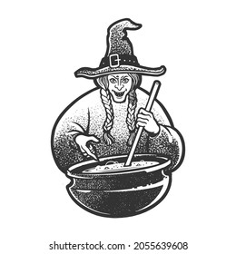 Witch brews a potion sketch engraving vector illustration. Halloween illustration. T-shirt apparel print design. Scratch board imitation. Black and white hand drawn image.