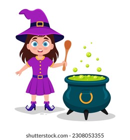 Witch brews a potion, vector illustration