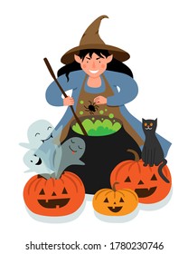 The witch brews a spider potion in a large cauldron. Halloween scene with a witch, pumpkins, ghosts and a black cat.