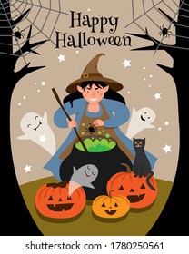 The witch brews a spider potion in a large cauldron on the forest. Halloween scene with a witch, pumpkins, ghosts and a black cat.