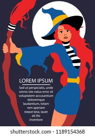 A witch with a broom in the background of the moon. A witch with red hair and a pointed hat. Illustration with space for text. Vector flat art illustration of Halloween.