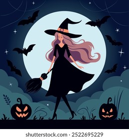 Witch with Broom, Bats, and Pumpkins under the Full Moon