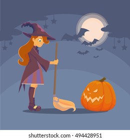 Witch with a broom and a big hat met pumpkin. Pumpkin with glowing eyes and mouth. In the night sky shines the moon, clouds and stars, bats. Halloween.