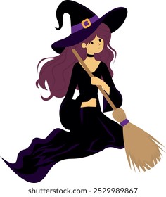 witch with broom, in black clothes, cute, illustration, for backgrounds, designers