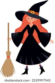 witch with broom, in black clothes, cute, illustration, for backgrounds, designers