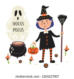 Witch with broom brews poison. Girl in scary costume collects sweets pumpkin, ghost. The potion is brewed in a cauldron. Halloween kids graphic. Cartoon flat vector 