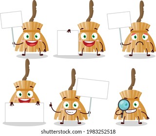 Witch broom cartoon character bring information board