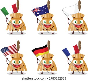 Witch broom cartoon character bring the flags of various countries