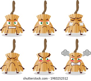 Witch broom cartoon character with various angry expressions