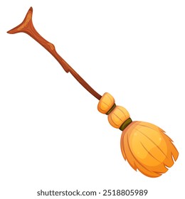 Witch broom cartoon illustration isolated on white. Halloween magic broomstick.