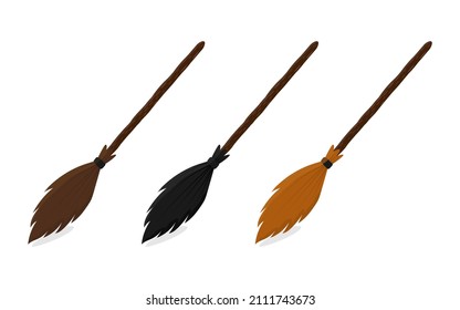 Witch broom cartoon style vector set