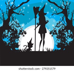 witch with a broom and a cat 