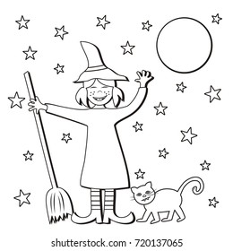 witch and broom and cat, coloring page, vector icon
