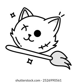 Witch broom with cat head, a drawing style icon 

