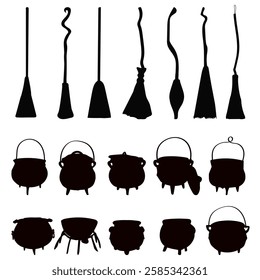 witch broom and witch cauldron set silhouette on white background vector