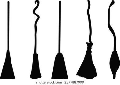 witch broom collection, set black silhouette vector