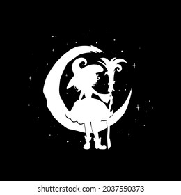 Witch with broom and crescent in the night sky. Half moon and stars and hag in hat. Magic, fantasy. Flat design. Vector illustration. Halloween night symbol. Fairytale logo isolated on black.