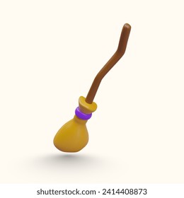 Witch broom with crooked handle. 3D illustration in cartoon style. Accessory of sorceress. Fabulous vehicle. Template for festive, funny costume web design